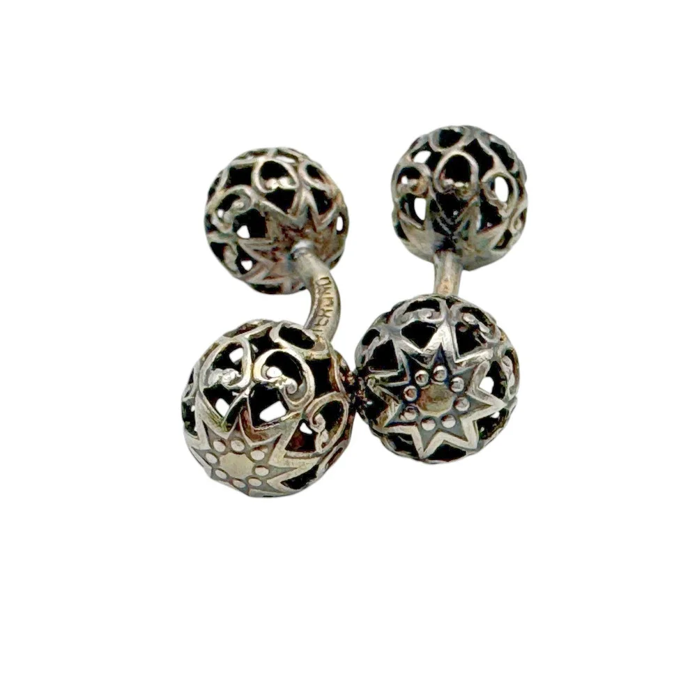 Vintage Art Deco Sterling Silver Filigree Sphere Cufflinks Dumbbell Bar Link